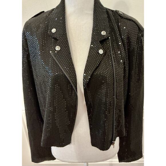 By Anthropologie Sequin Cropped Black Moto Jacket Size Large NWT - Picture 7 of 15